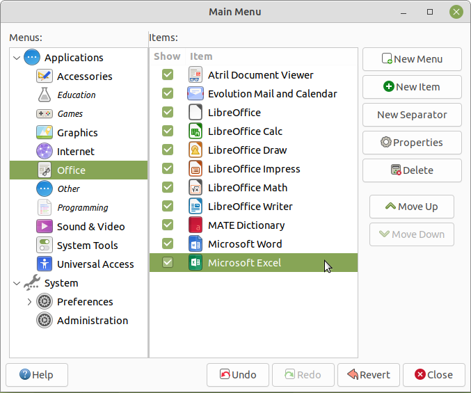 Microsoft Excel in the menu