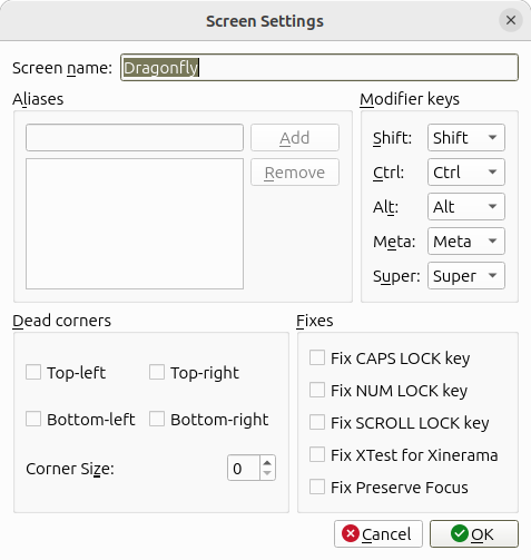 Screen settings dialog