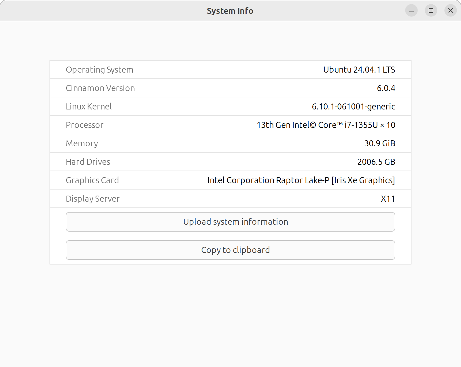 Ubuntu Cinnamon's System Info Dialog box