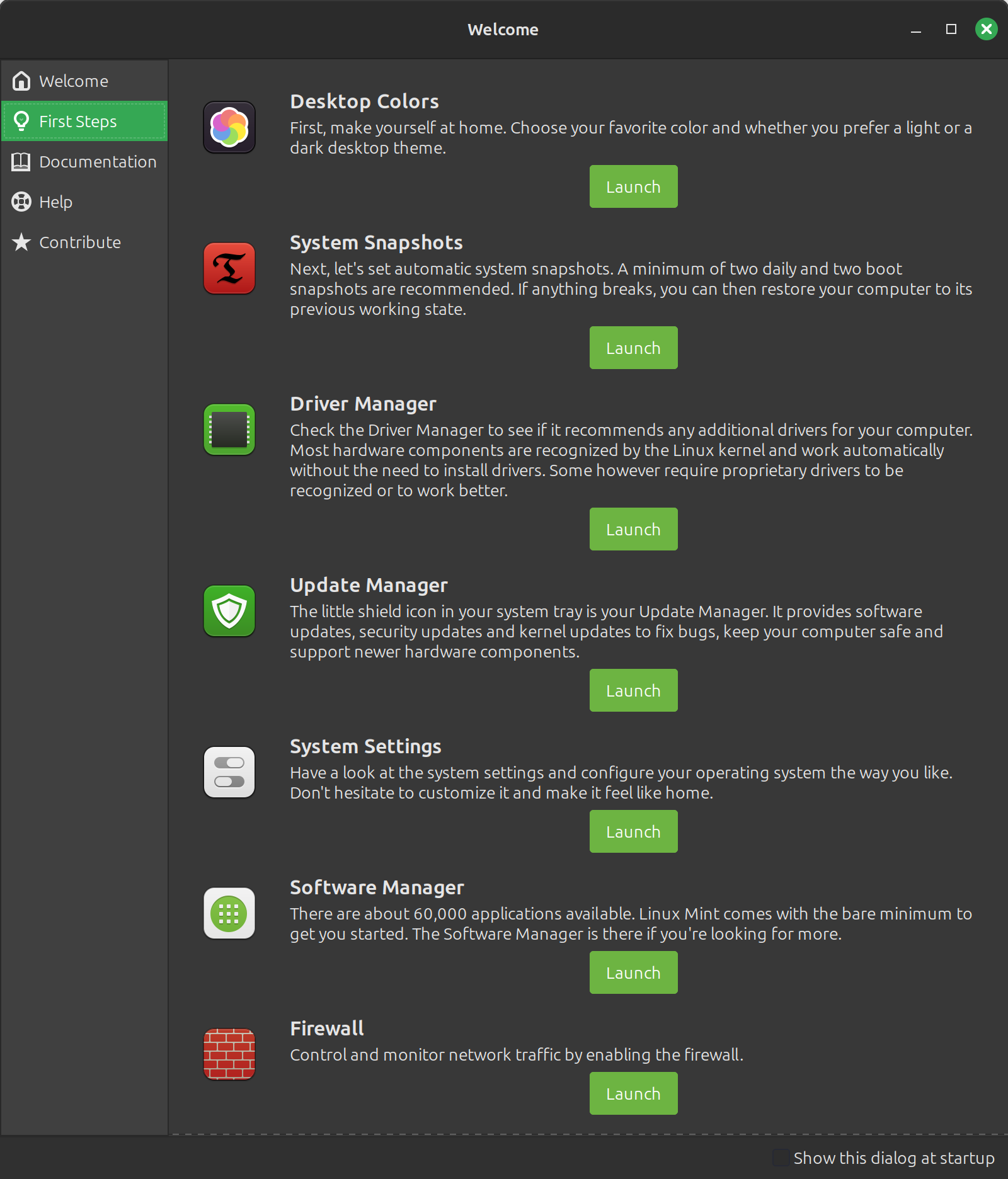 The Linux Mint Welcome screen showing the available options.