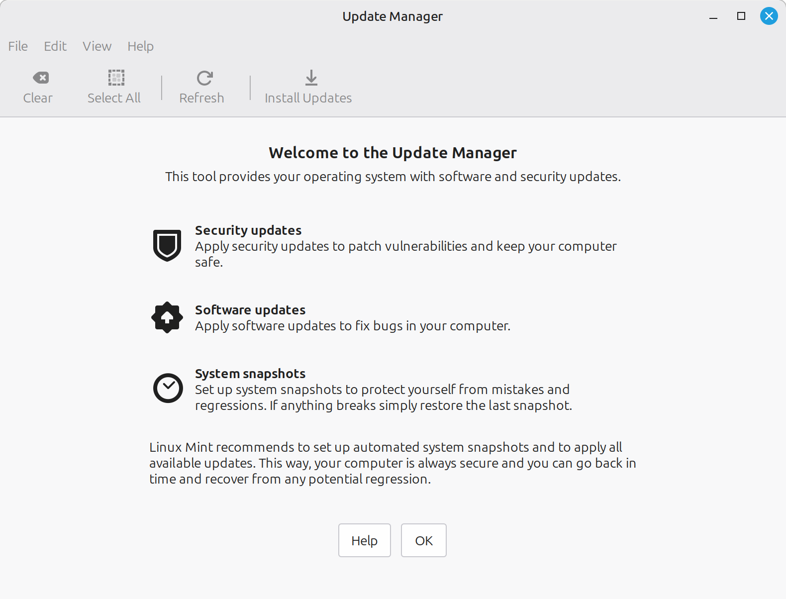 Update Manager's welcome screen